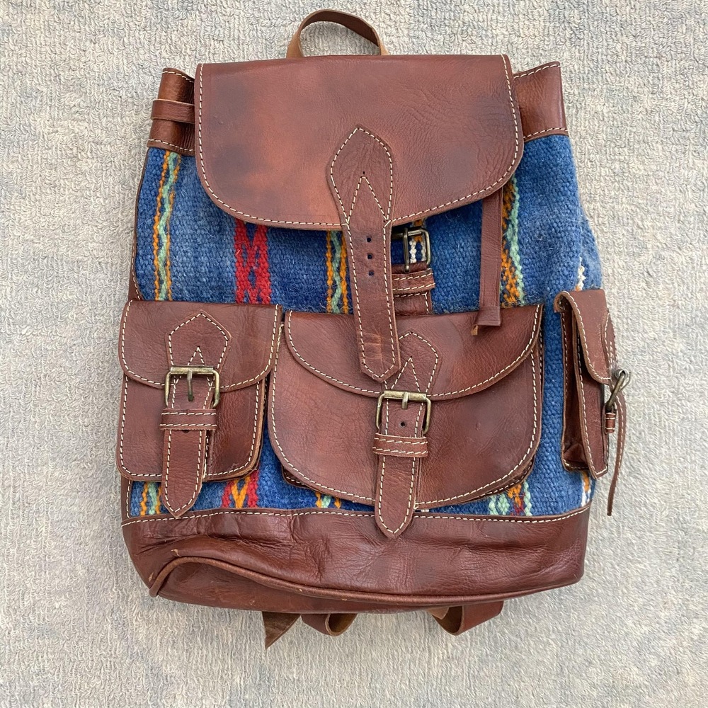 Leather Wool Backpack Womens Medium Brown Striped Boho Southwest Multi Pocket
